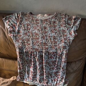 Rewind Light Blue Floral Smocked Short Sleeve Blouse